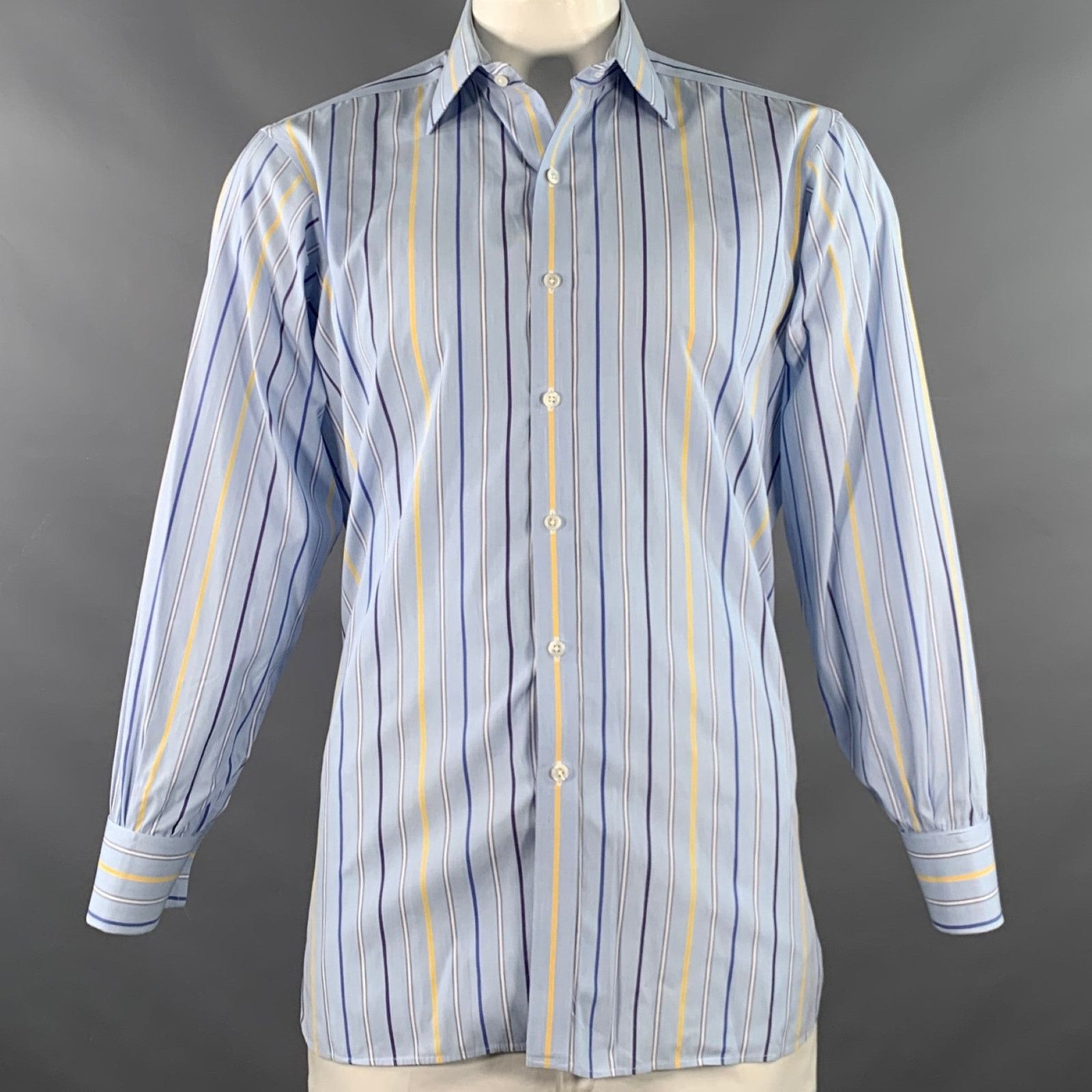 Turnbull & Asser Blue Navy Yellow Stripe Cotton French Cuff Long Sleeve Shirt Size US L / EU 52-54 / 3 - 1 Thumbnail