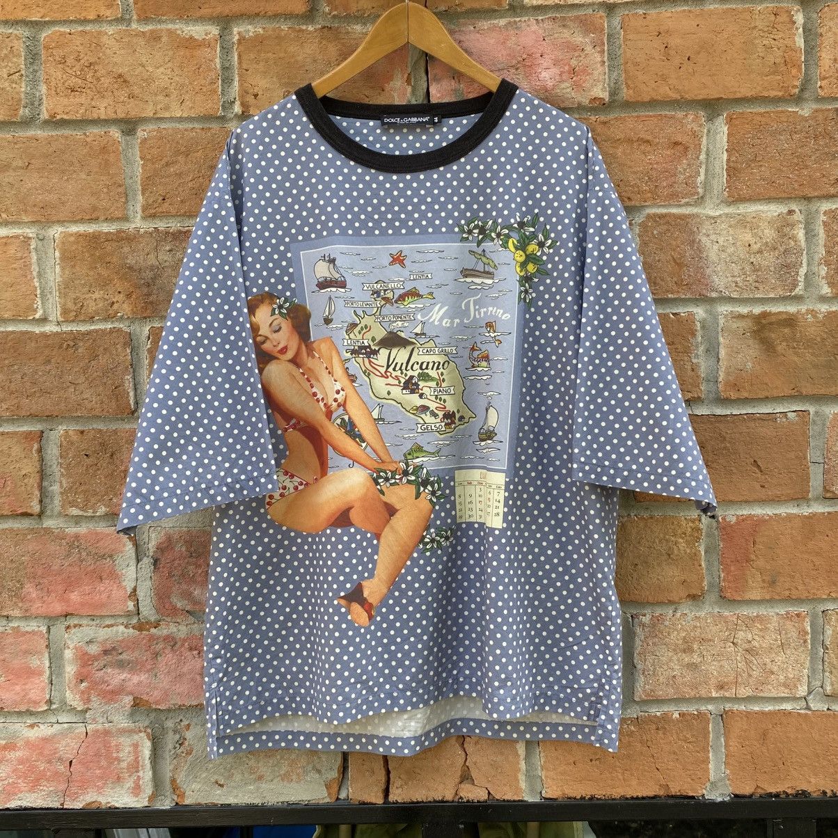 Dolce & Gabbana Dolce & GABBANA Blue Pinup Girl Polka Dot Sicily Print Tee Size M / US 6-8 / IT 42-44 - 1 Thumbnail
