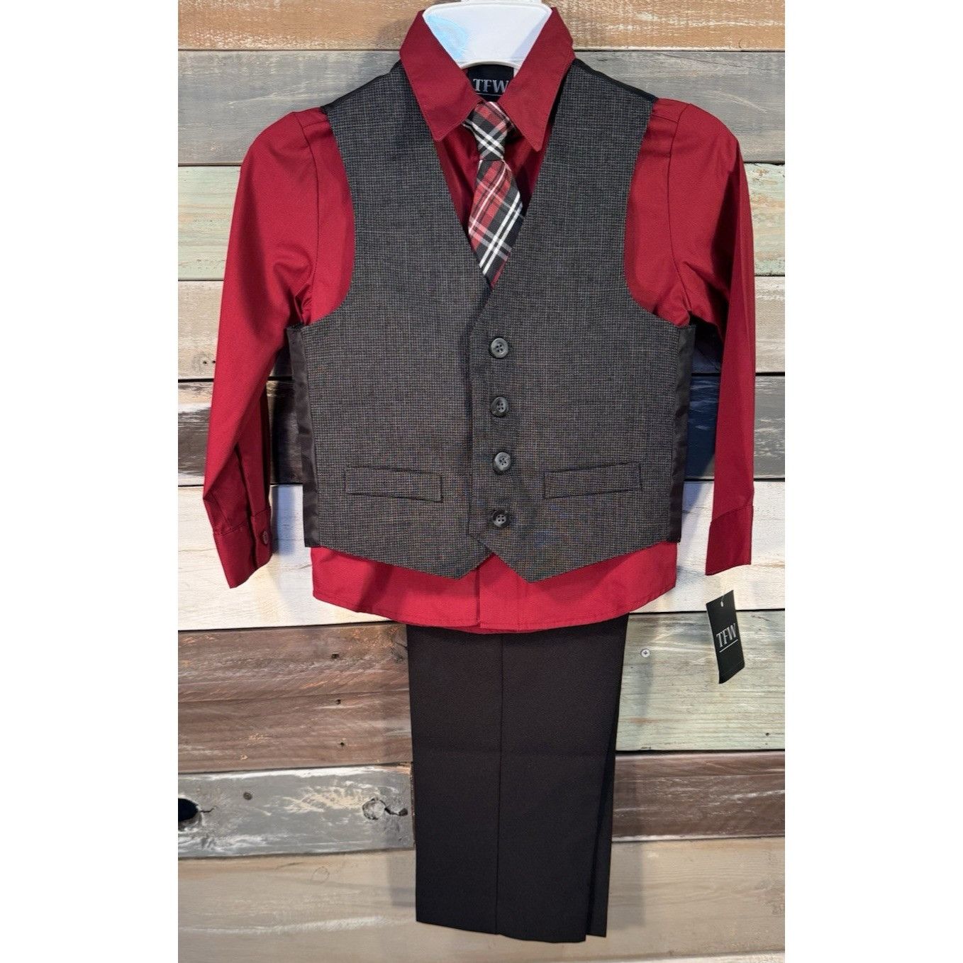 Other TFW Boys Long Sleeve 4 Pc Burgundy Red & Black Dress Pant Su Size US XS / EU 42 / 0 - 1 Thumbnail