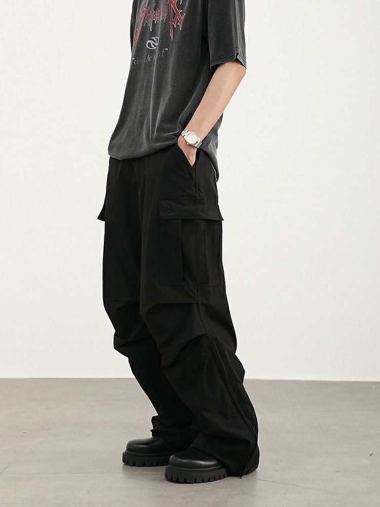 military pleated zipper flared cargo pants