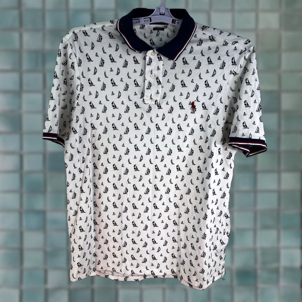 Ralph Lauren Ralph Lauren Polo Shirt Men's L White/Blue Sailing Graphic Print Classic Fit Nautical Preppy Size US L / EU 52-54 / 3 - 1 Thumbnail