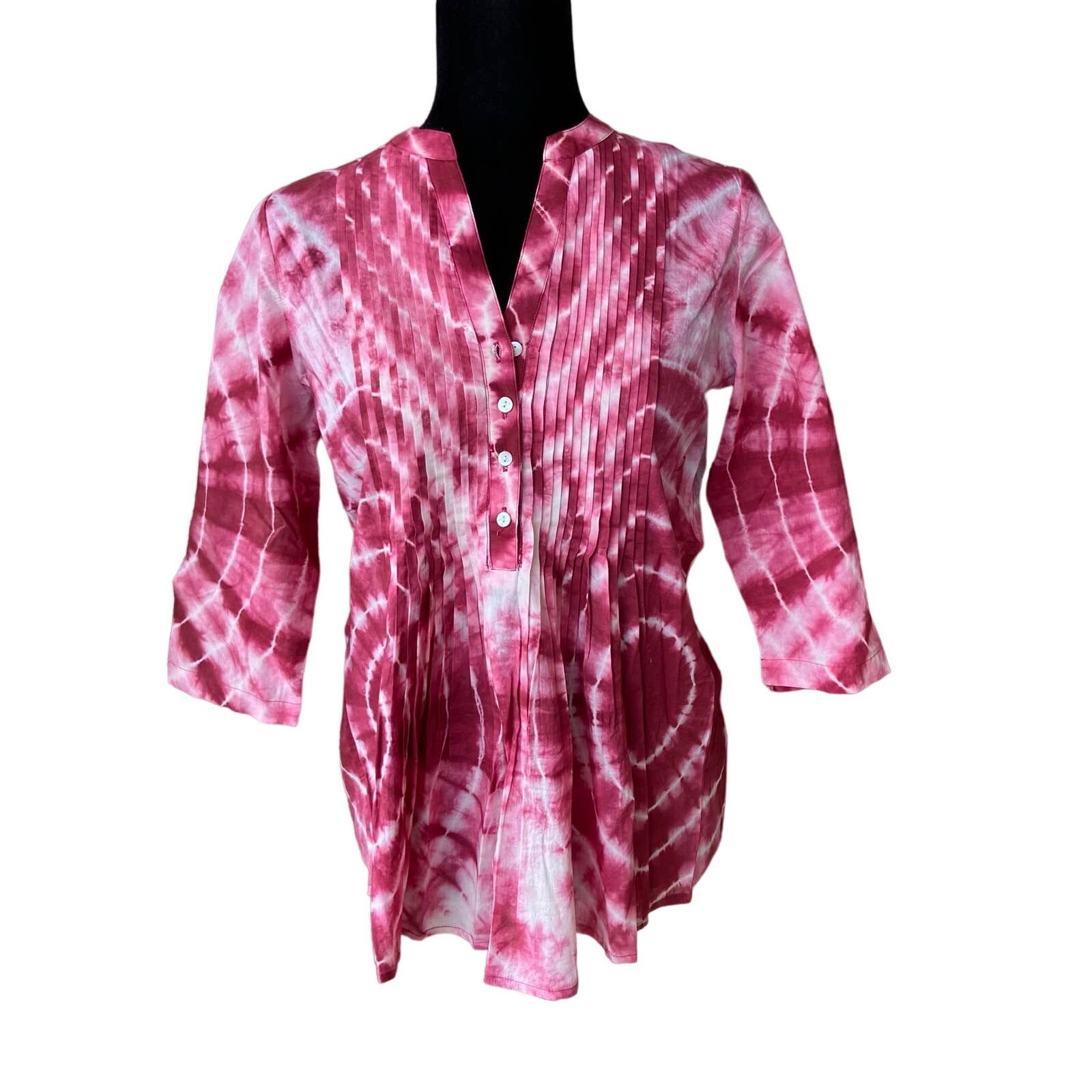 Chicos Chico's Petite Tie Dye Pintuck Peasant Blouse Deep Cherry Size XS / US 0-2 / IT 36-38 - 6 Thumbnail