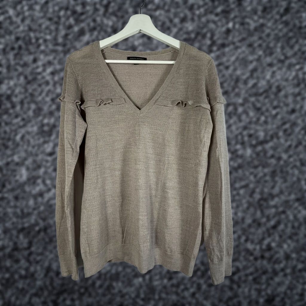 Banana Republic Banana Republic Womens Merino Wool Knit V-Neck Sweater Ruffle Trim Beige Large Size L / US 10 / IT 46 - 1 Thumbnail