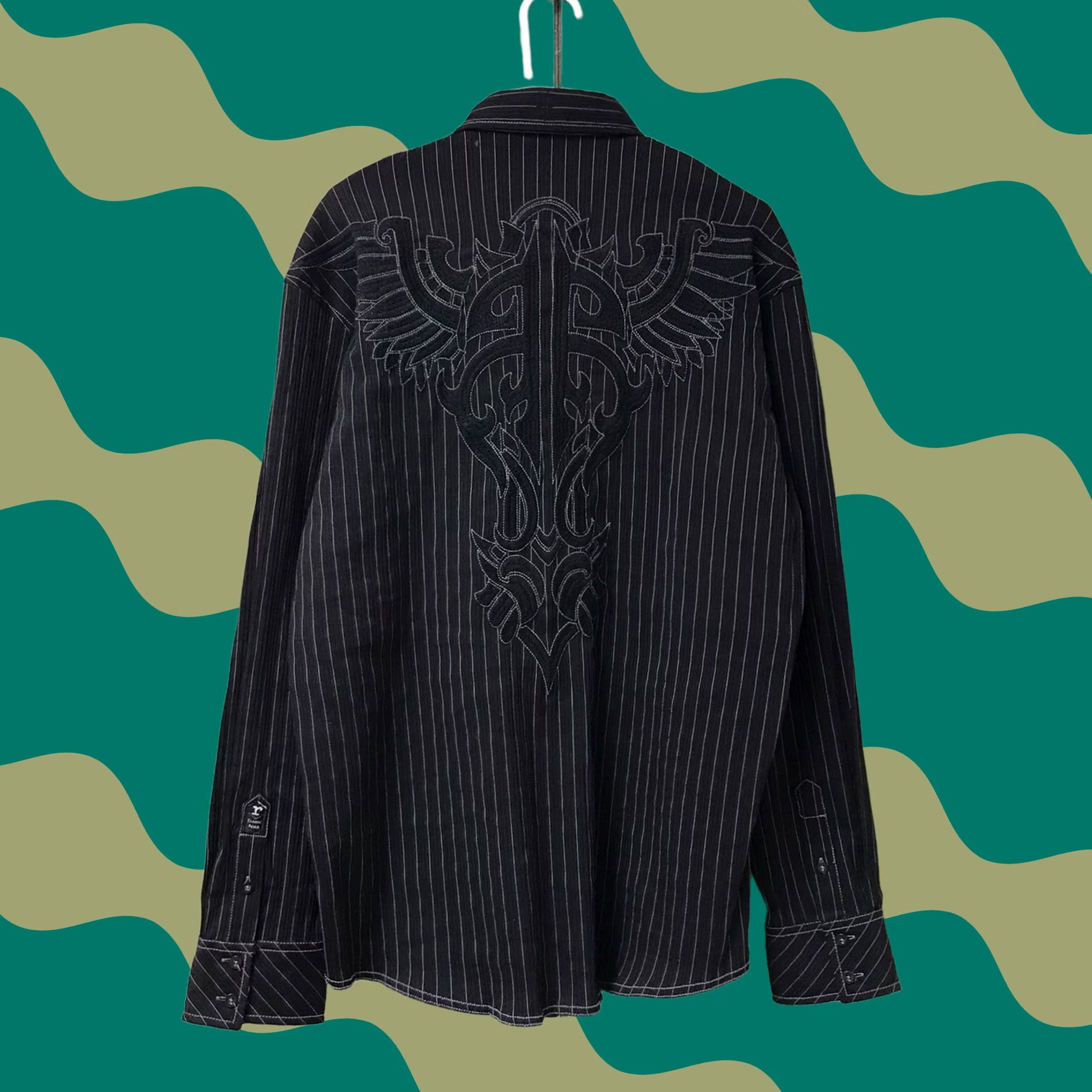 Roar Roar Men Black Stripe Damask Embroidered Stretch Button-Up Long Sleeve Dress Shirt XL Size US XL / EU 56 / 4 - 1 Thumbnail