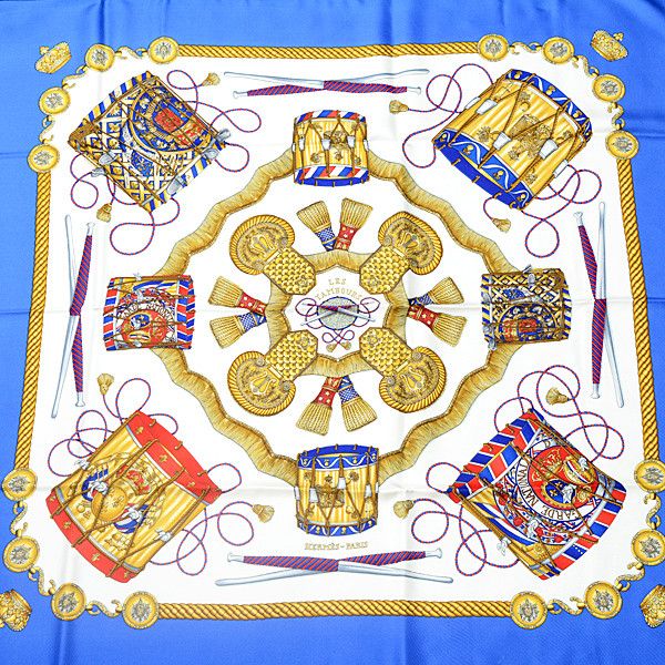 Hermes Hermes Hermes Silk Scarf LES TAMBOURS Blue Canvas Scarf 74931 in Great Condition Size ONE SIZE - 1 Thumbnail