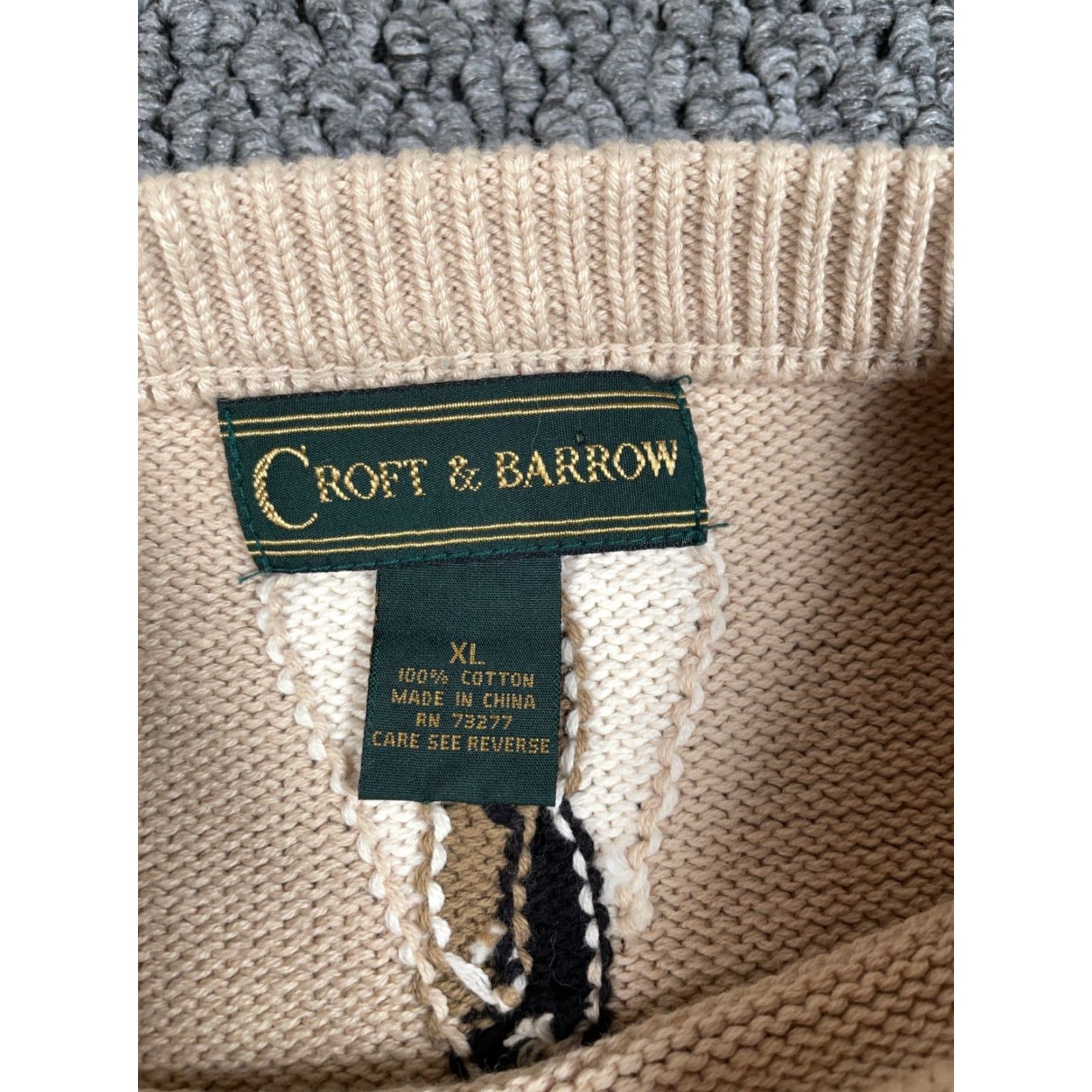 Vintage VTG 90s Geometric Chunky Knit Sweater Men's XL Beige Cotton Crew Neck Pullover Vintage Cosby Dad Style Size US XL / EU 56 / 4 - 3 Thumbnail