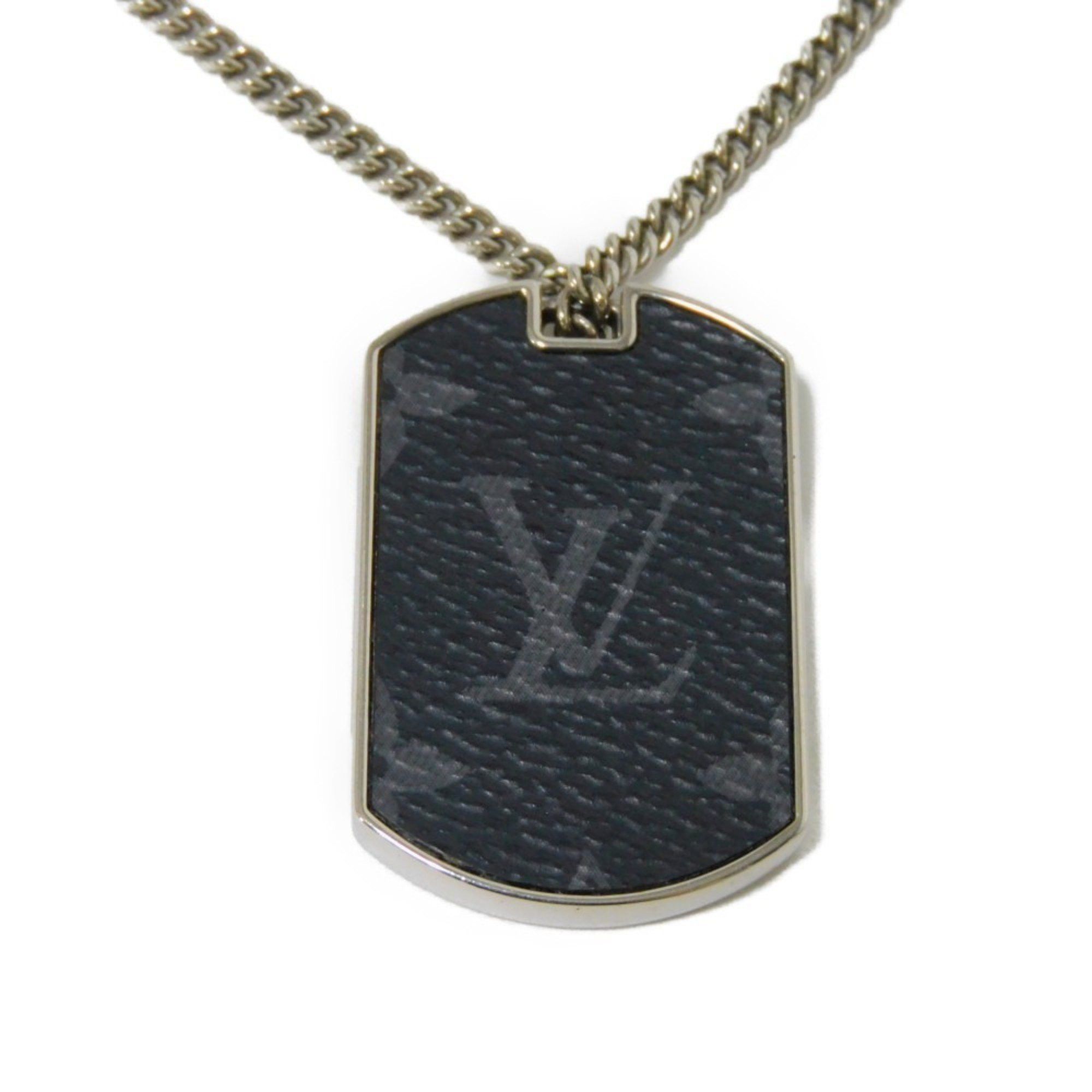 image of Louis Vuitton Necklace Collier Plaque Lv Locket Pendant Black Gray Monogram Eclipse Noir M63640 Men