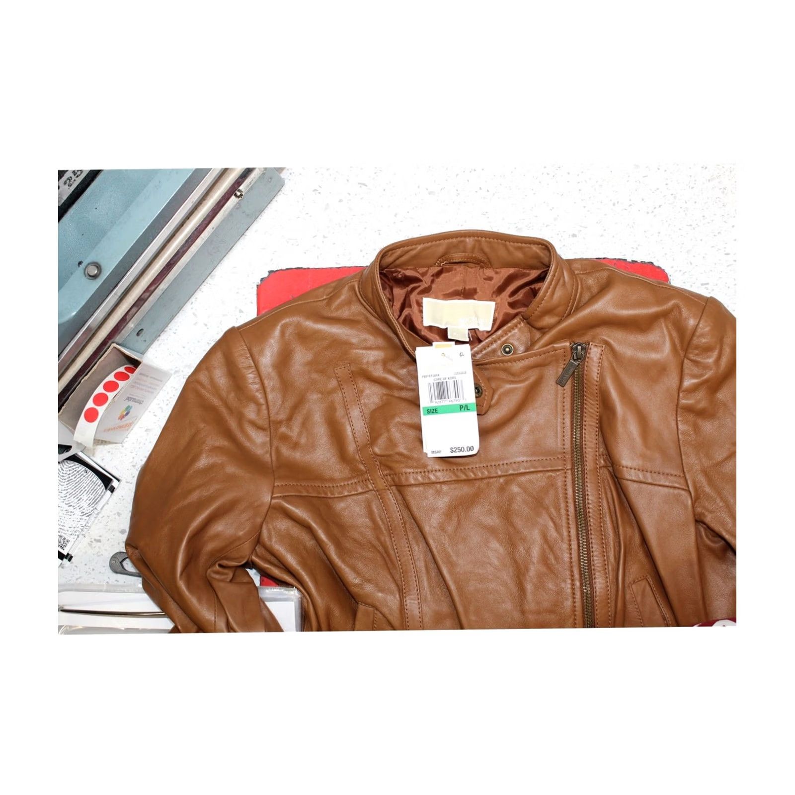 Michael Kors Michael Kors Womens Leather Motorcycle Jacket, medbrown, Petite, P/PS Size S / US 4 / IT 40 - 2 Thumbnail
