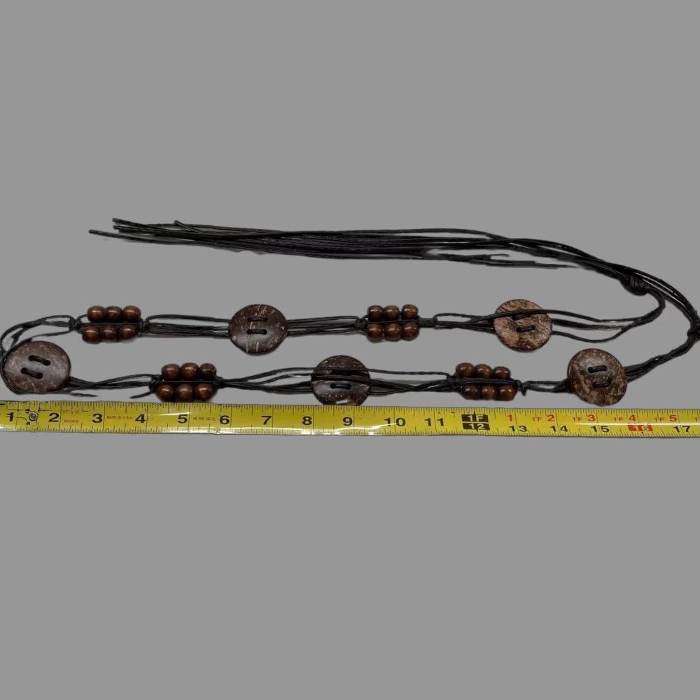 Vintage WOMENS Bohemian Black Tie Belt with Braided Beaded Wood Charm Medallion, One Size, Skinny Size ONE SIZE - 1 Thumbnail