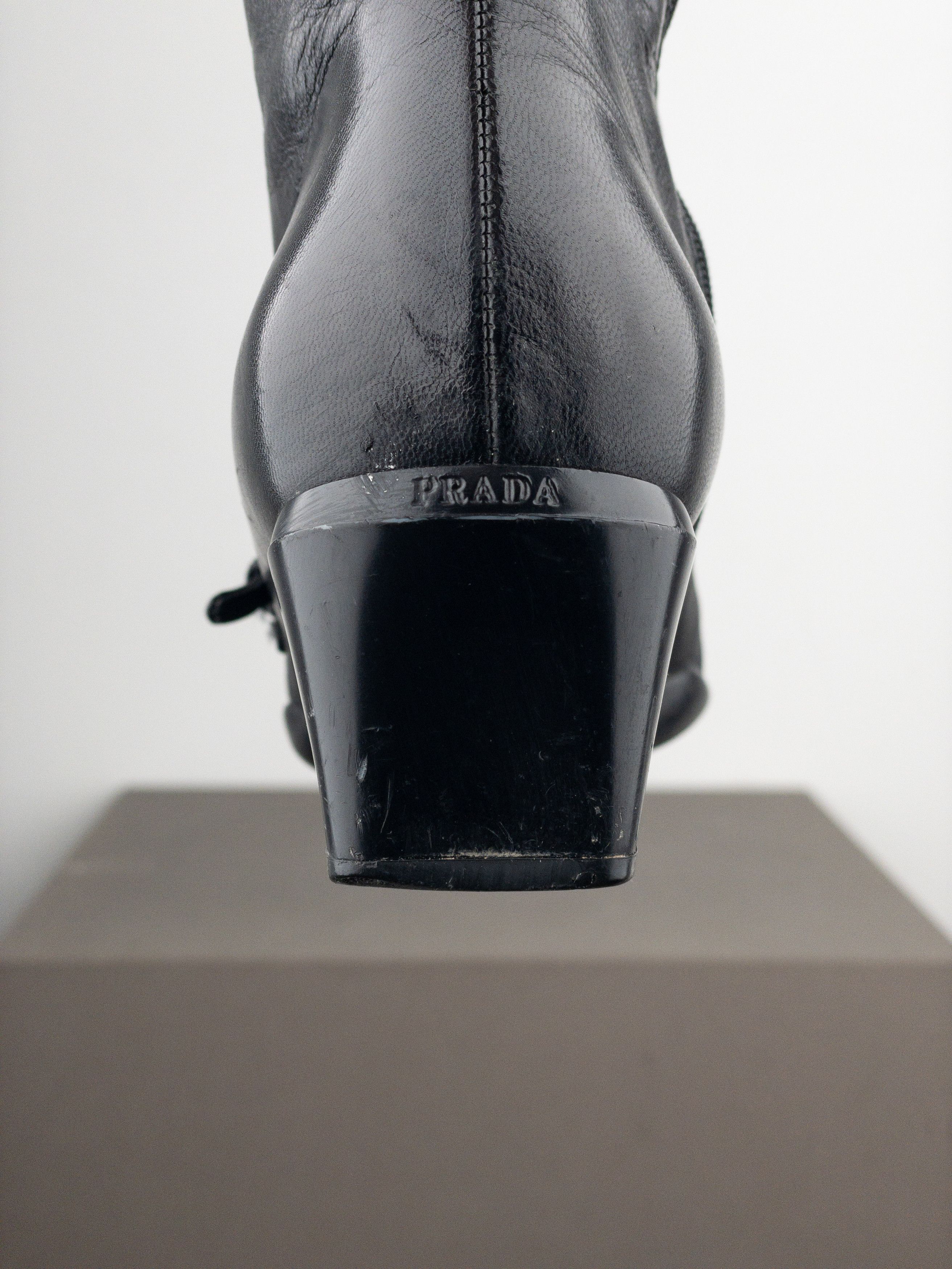 Prada 2000s Square Toe Sports Buckle Kitten Heel Ankle Boots