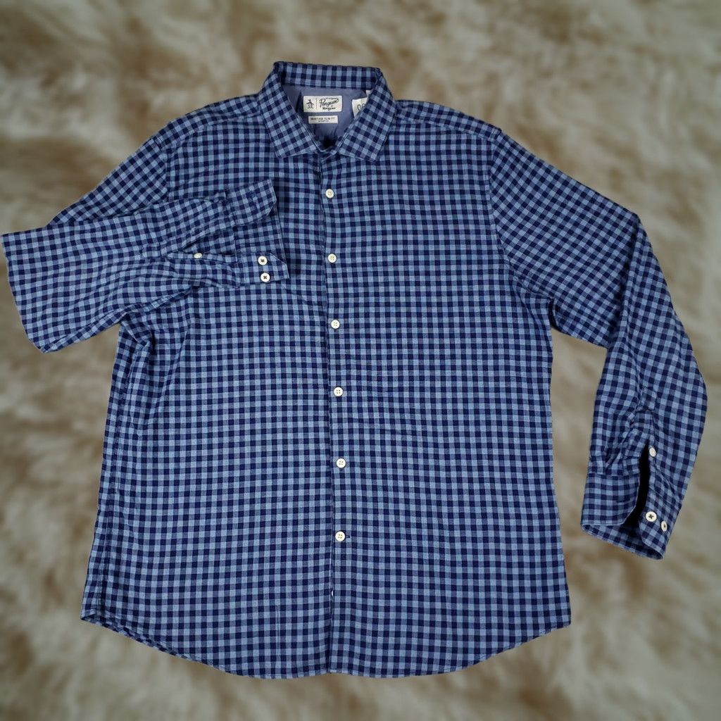 Vintage Penguin Shirt Mens 16.5 Blue Check Slim Fit Dress Button Up Long Sleeve Size 46R - 1 Thumbnail