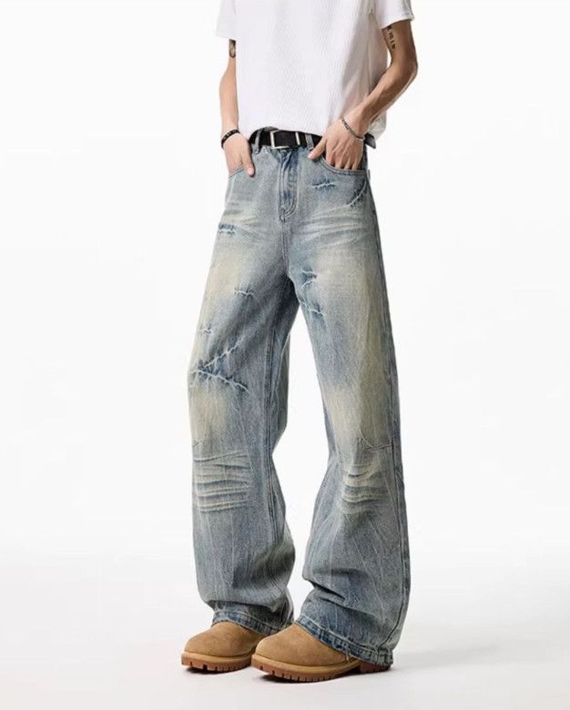 Japanese Brand American washed men's distressed wide-leg jeans Size US 32 / EU 48 - 3 Thumbnail