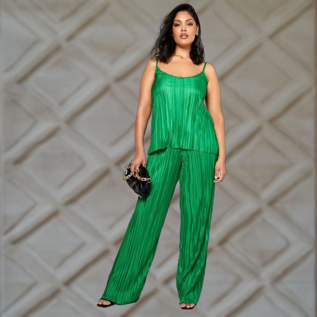 Boohoo Boohoo Tank Top Shirt Womens Plus 20 Green Plisse Cami + Wide Leg Pants 2 Piece Size 3XL / US 20-22 - 1 Thumbnail
