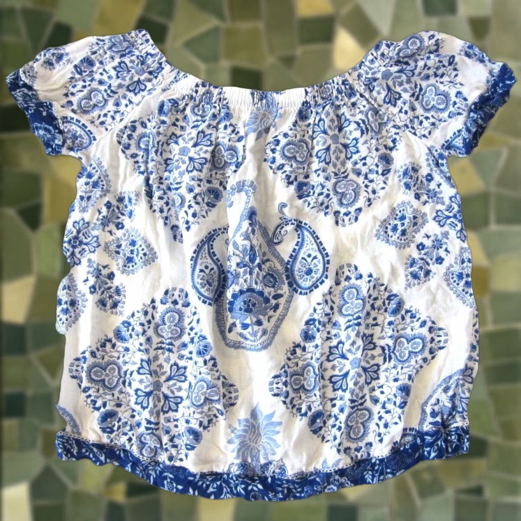 Lucky Brand Lucky Brand Off Shoulder Tunic Blouse M Women Blue White Floral 100% Rayon Peasant Shirt Size M / US 6-8 / IT 42-44 - 1 Thumbnail