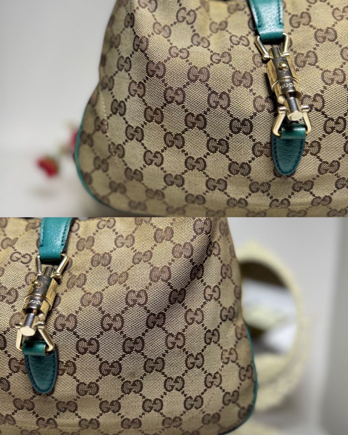 Gucci Authentic GUCCI Jackie 1961 Beige Canvas x Teal Hobo Bag Size ONE SIZE - 20 Thumbnail