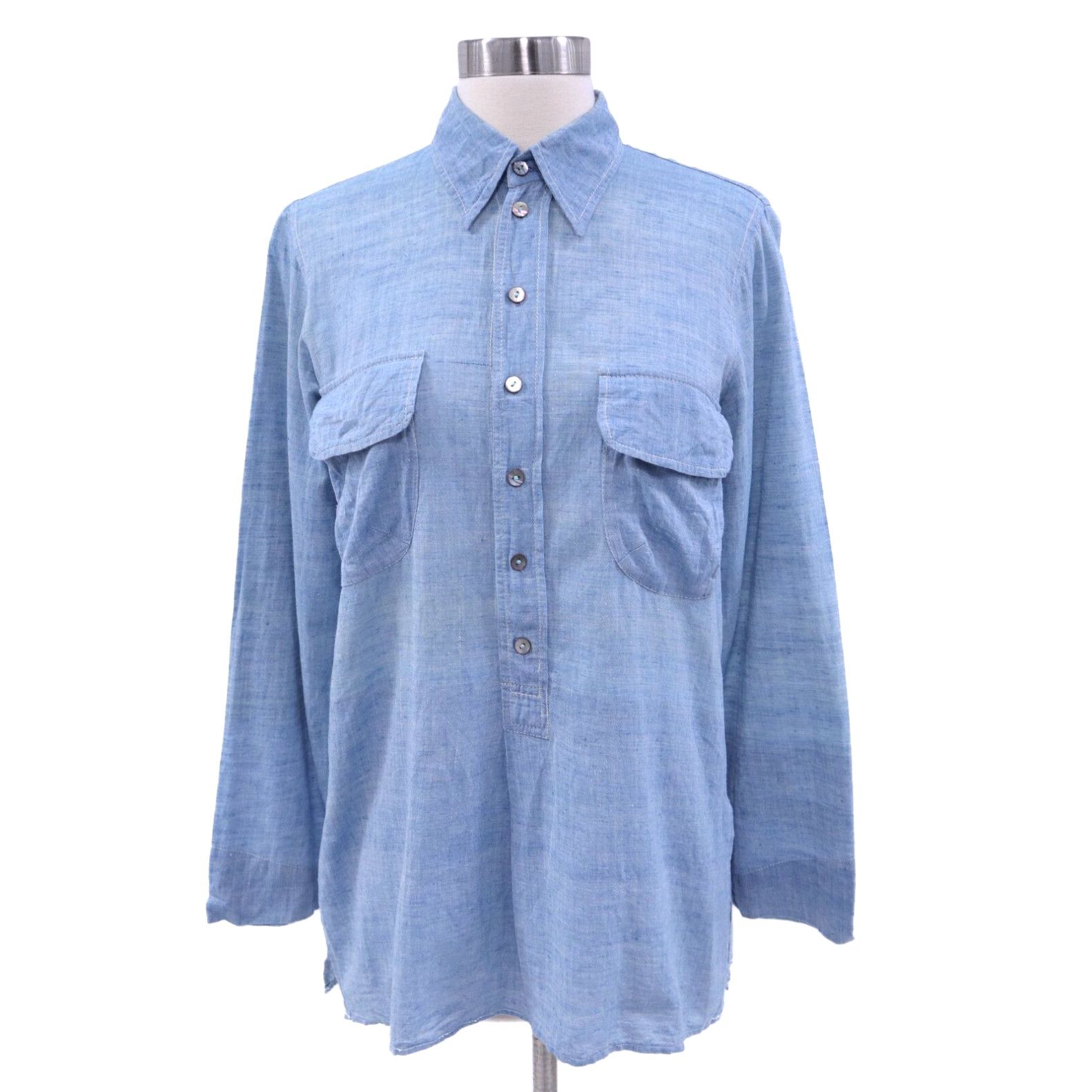 image of Vintage Dosa Shirt Blouse Top Womens 2 S Small Chambray Blue Organic Cotton Button Up in White