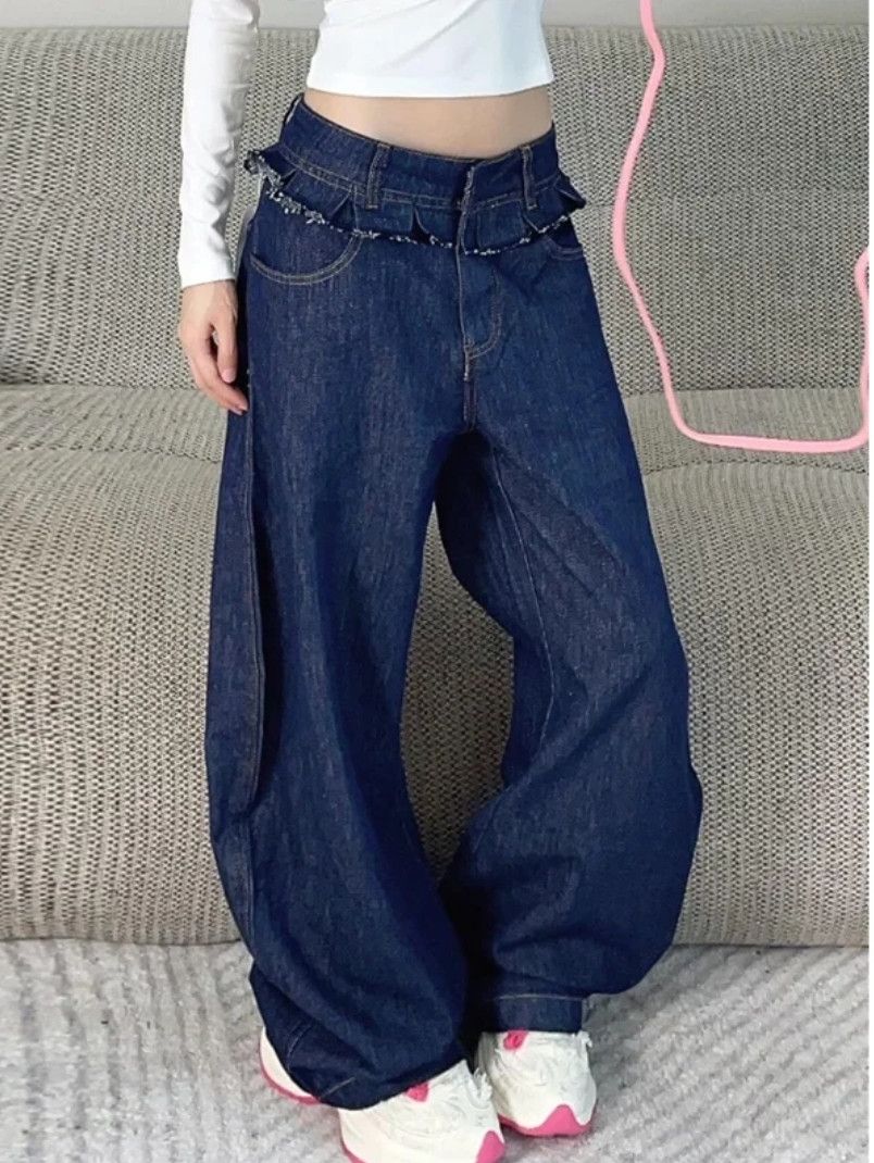 Japanese Brand × Vintage High Waisted Double Laces Waist Baggy Jeans Y2K Size 33" - 3 Thumbnail