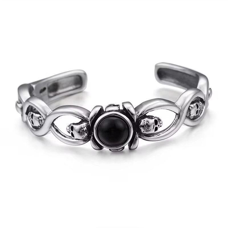 Vintage Stainless Steel Skull Bangle With Black Gemstone Size ONE SIZE - 2 Thumbnail