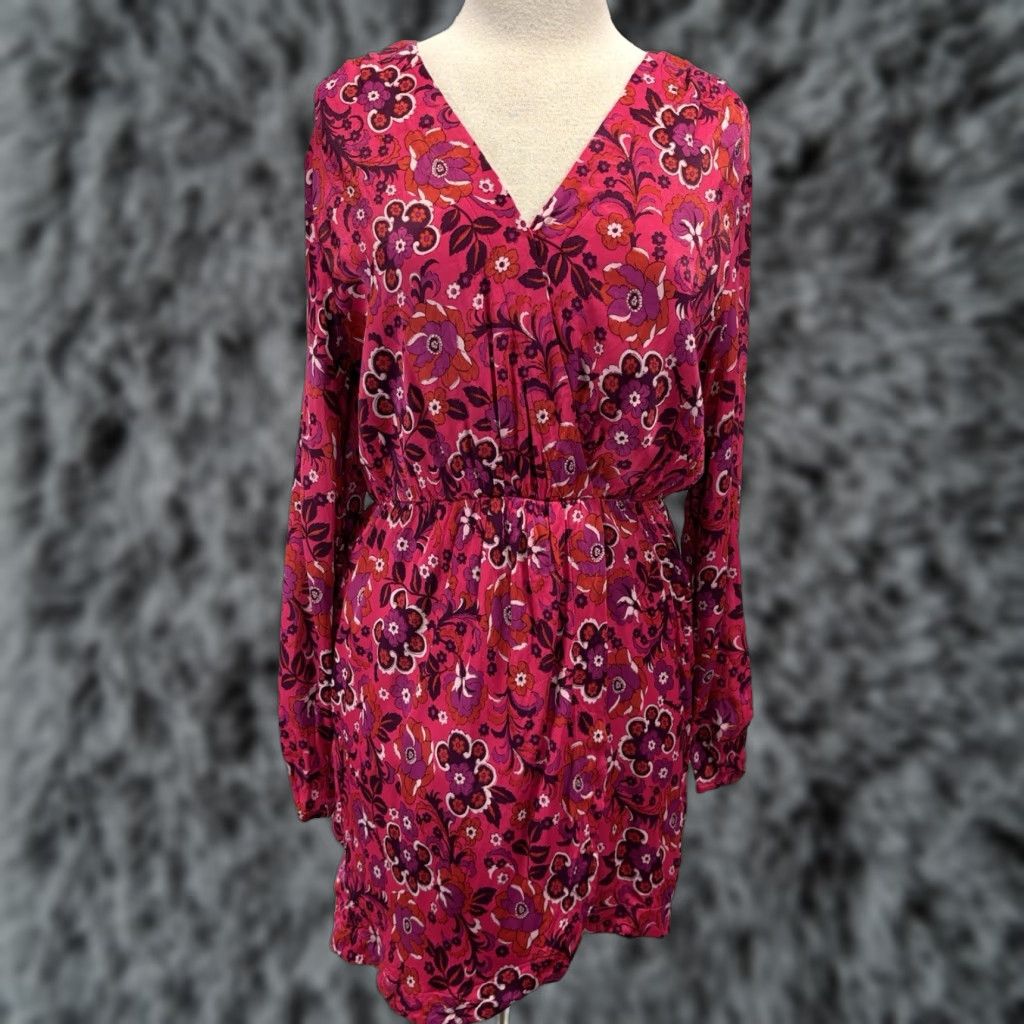 Anthropologie Anthropologie Maeve Floral Faux Wrap Mini Dress Sz Large Pink Long Sleeve Size L / US 10 / IT 46 - 1 Thumbnail