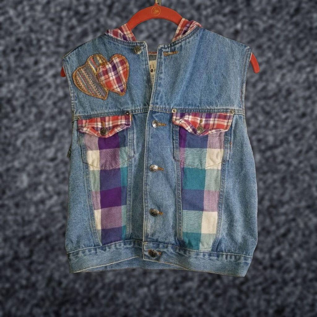Vintage VIntage 90s Denim Plaid Hooded Vest Womens S Carolina Colours Size S / US 4 / IT 40 - 1 Thumbnail