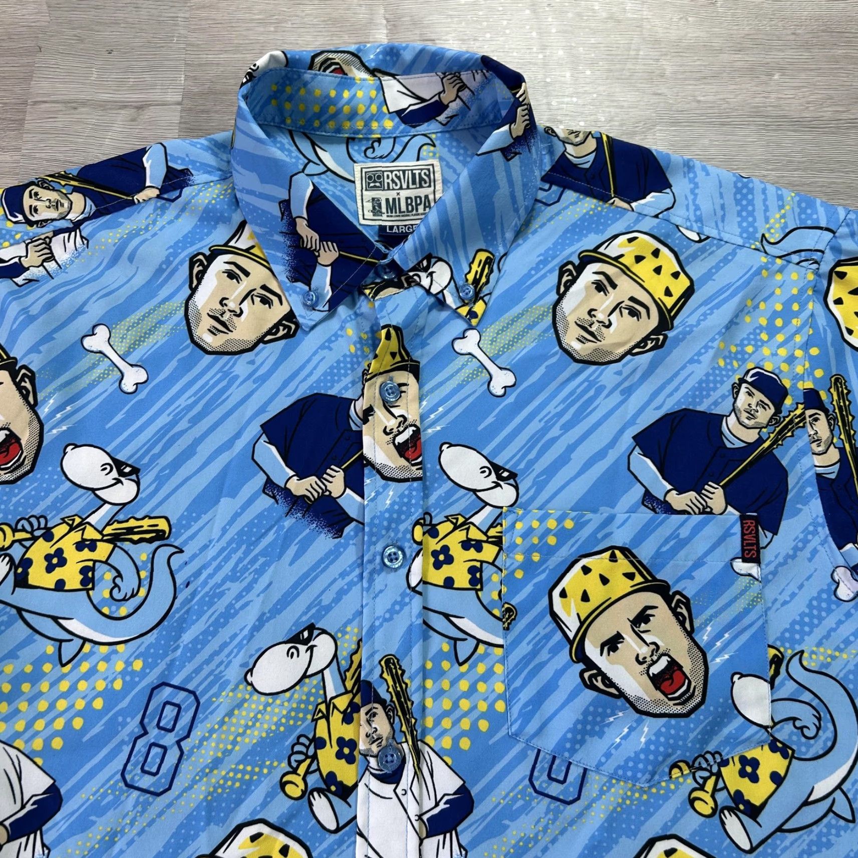 Vintage RSVLTS Shirt Mens Large Blue Baseball MLBPA Graphic Dino Dinosaur Button Up Size US L / EU 52-54 / 3 - 3 Thumbnail