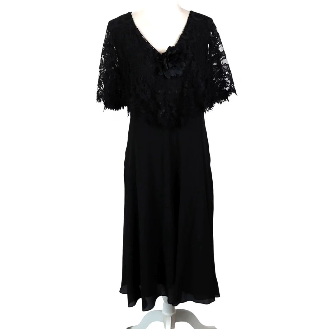 Vintage VINTAGE After Dark Black Midi Party Dress Sheer Lace Cape Overlay 12 80s A-Line Zip Womens Menus Size XL / US 12-14 / IT 48-50 - 2 Thumbnail