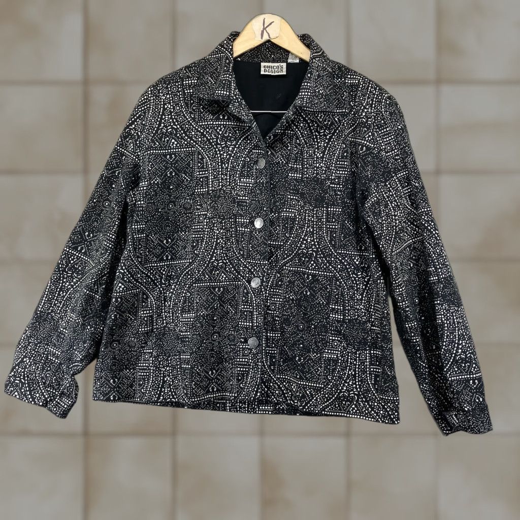 Vintage Chico's Jacket Women L Black Geometric Denim Short Button Military 90s Art Biker Bohemian Retro Rock Womens Size L / US 10 / IT 46 - 1 Thumbnail