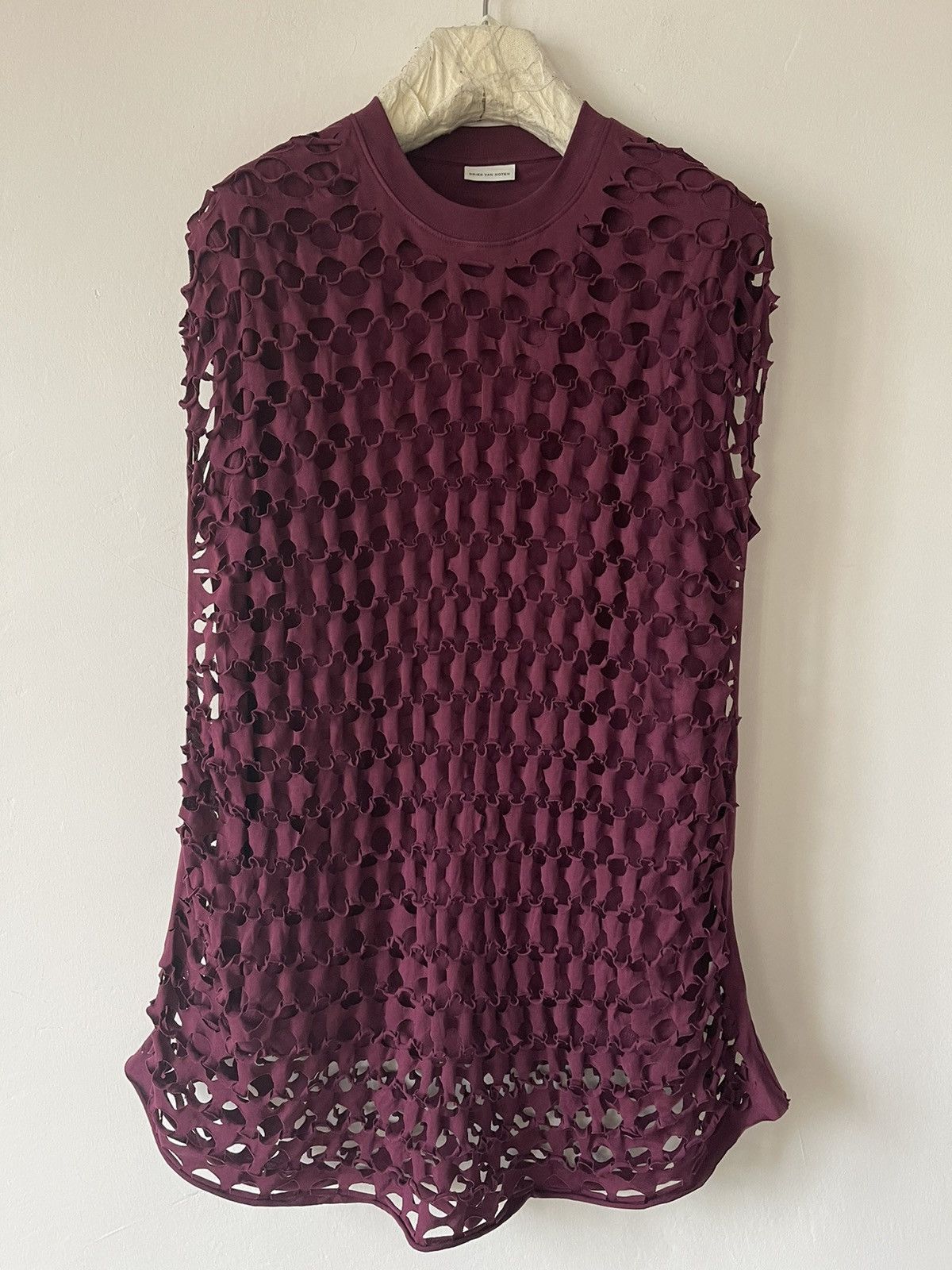 Dries Van Noten Burgundy Perforated Overlay T-Shirt Size US M / EU 48-50 / 2 - 1 Thumbnail