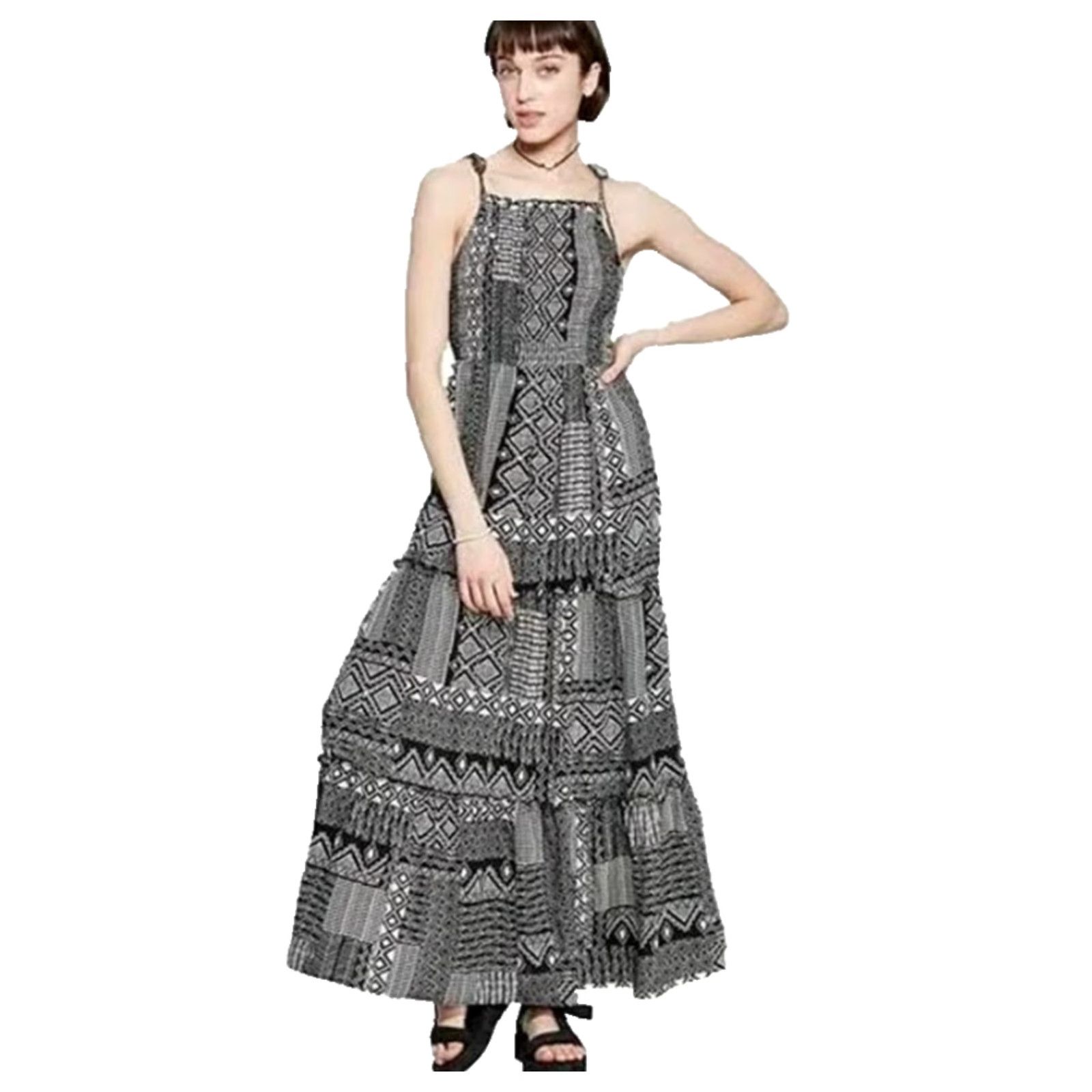 Vintage VINTAGE Wild Fable Womens Black White Geo Tribal Print Smocked Maxi Dress-Size XS Size XS / US 0-2 / IT 36-38 - 2 Thumbnail