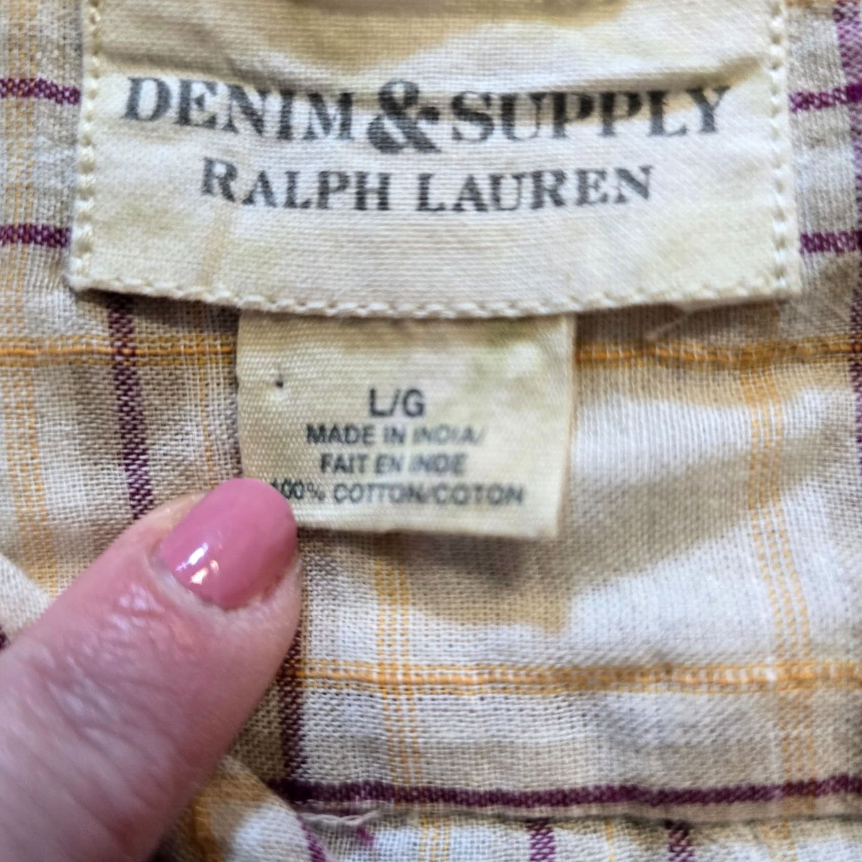 Ralph Lauren DENIM & SUPPLY Ralph Lauren Top Womens Size L Beige Plaid Collared Button-Front Tomboy Fit Casual Blouse Cotton Denim Lightweight Spring Summer Size L / US 10 / IT 46 - 5 Thumbnail