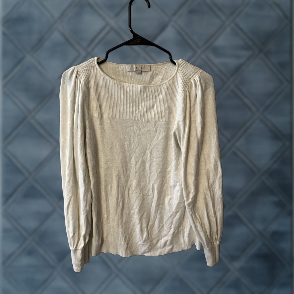 Loft VINTAGE Loft Ivory Puff Sleeve Crewneck Sweater Women Large Pullover Casual Knit Size L / US 10 / IT 46 - 1 Thumbnail