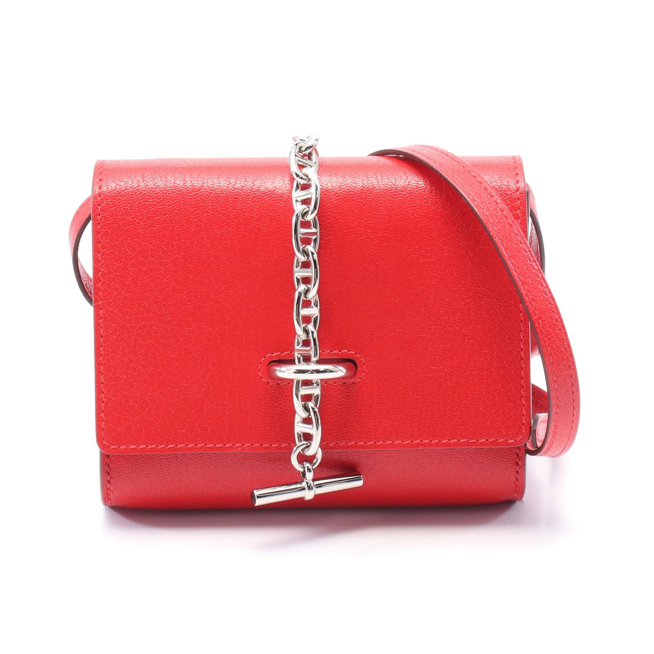 Hermes Chaîne Compact Wallet Shoulder Bag Chevre Red Silver Hardware B Stamp, Women's