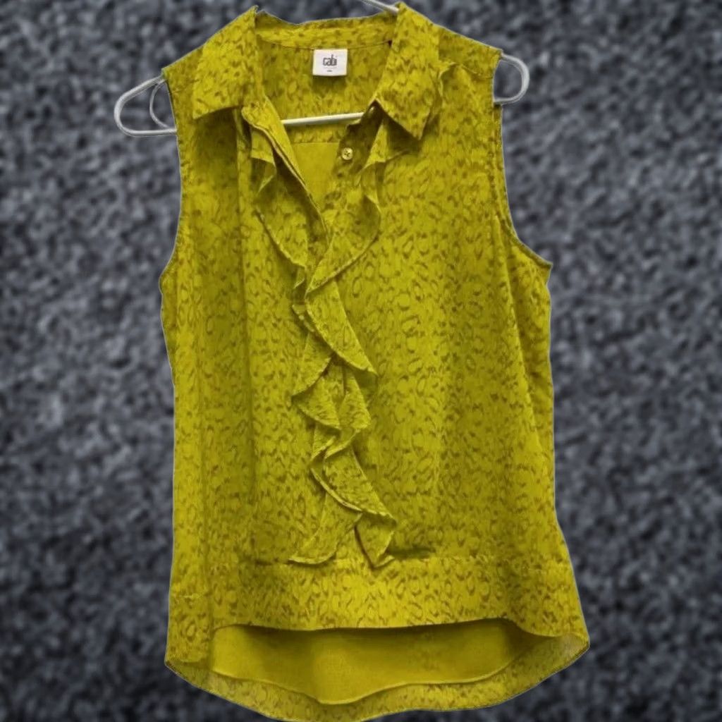 Vintage Cabi Reign Blouse Top Women Small Chartreuse Yellow Sleeveless Ruffle 3077 Size S / US 4 / IT 40 - 1 Thumbnail