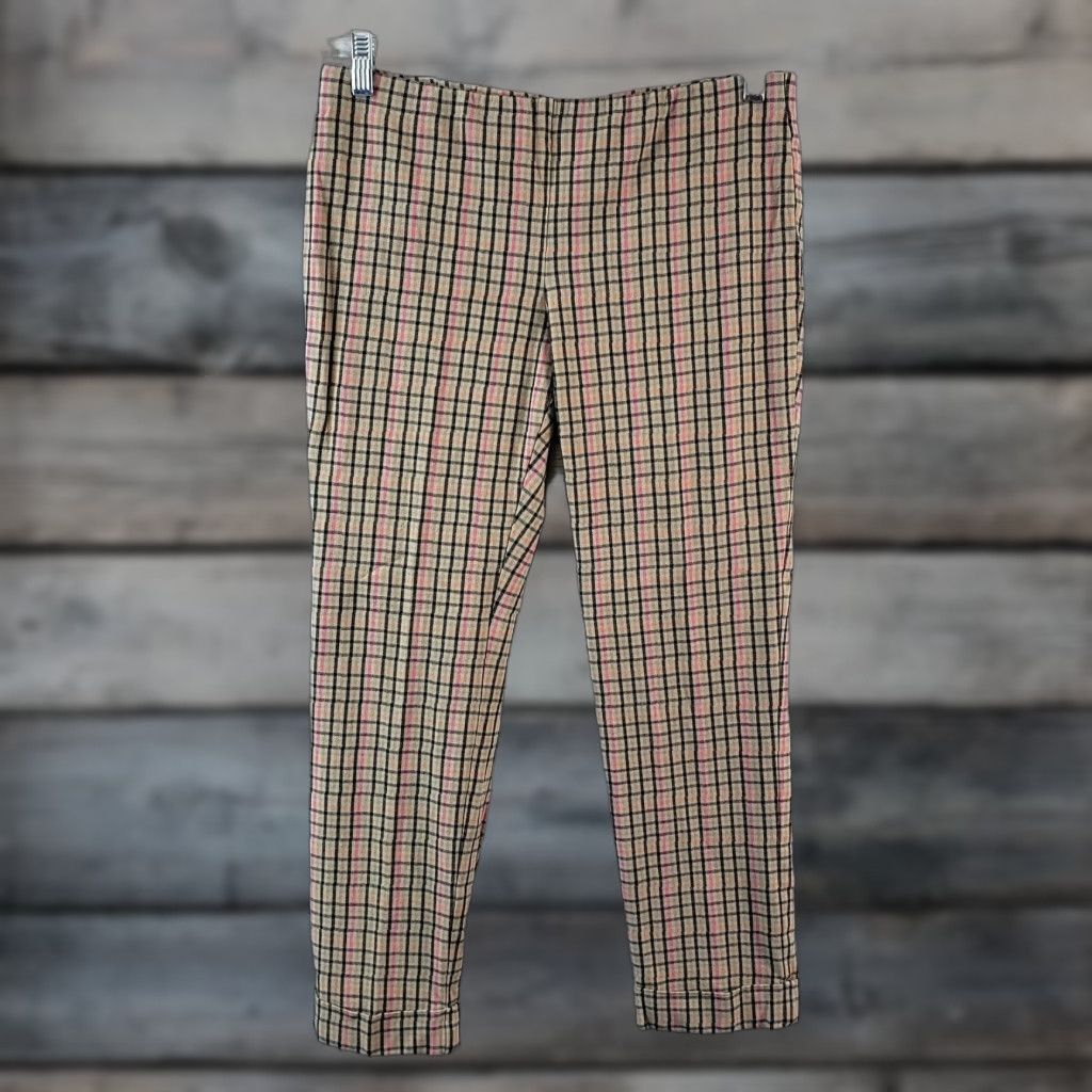 J. Jill J. Jill Womens Cropped Pull On Pants Sz 8 Tan Pink Plaid Multicolor Cuffed Cropped Knit Cotton Blend Womens Size 30" / US 8 / IT 44 - 1 Thumbnail
