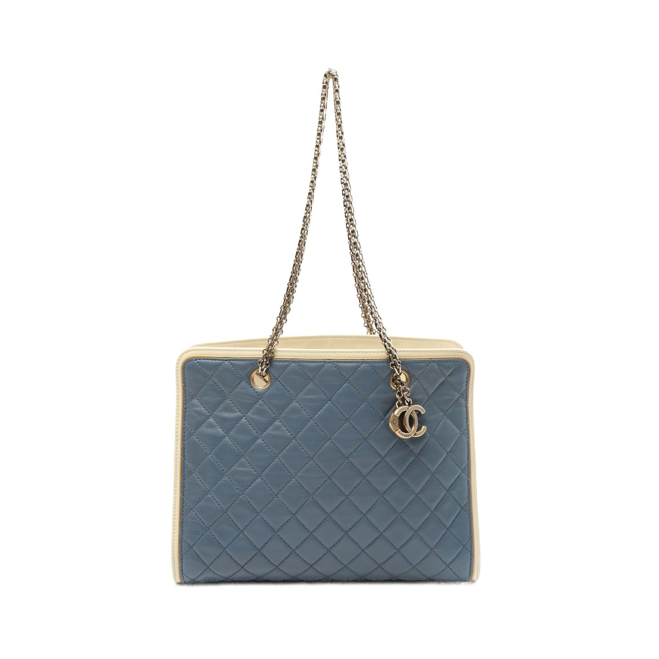 Chanel Matelasse Chain Shoulder Bag Tote Leather Blue Off White Gold Hardware, Women's