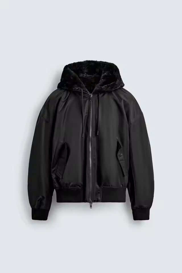 Leather Black Hooded Leather Bomber Jacket, Casual Zip-Up Outerwear Size US XL / EU 56 / 4 - 2 Thumbnail