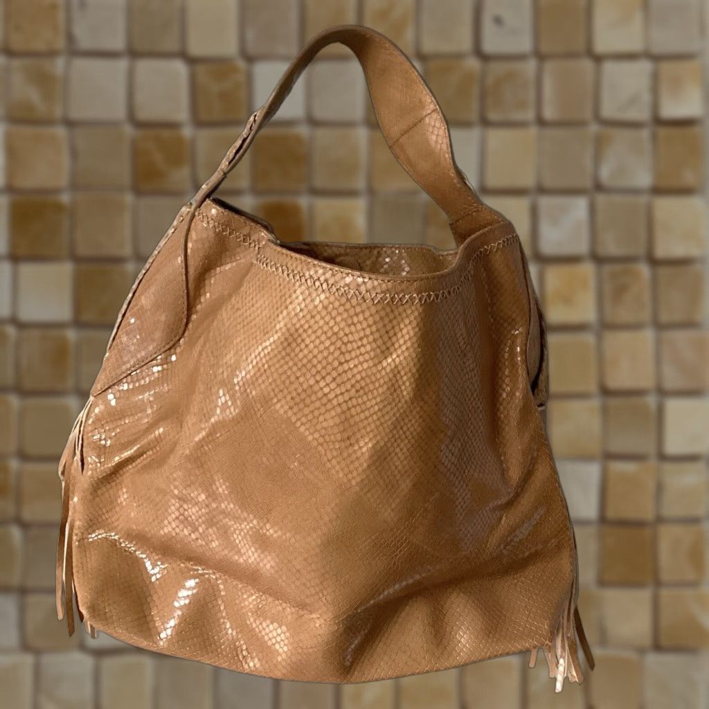 Vintage Cole Haan Sierra Medium Satchel Bag Brown Snake Print Leather Boho Handbag With Tassels Womens