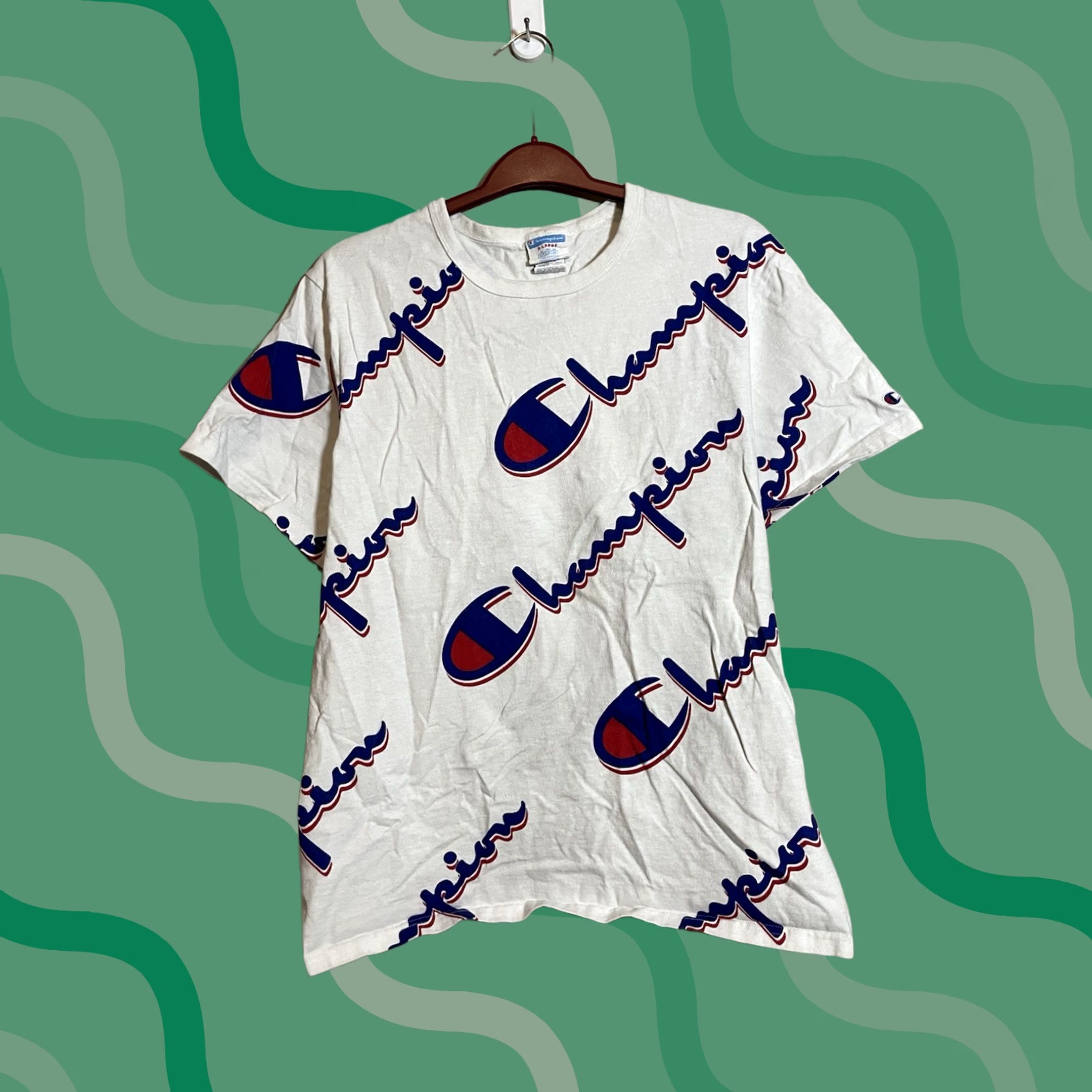 Champion VINTAGE Champion T Shirt Logo 90s AOP White XL Heavyweight Crew Neck Unisex Adults 2000-2009 OG Rare Retro Single Stitch Graphics Size US XL / EU 56 / 4 - 1 Thumbnail
