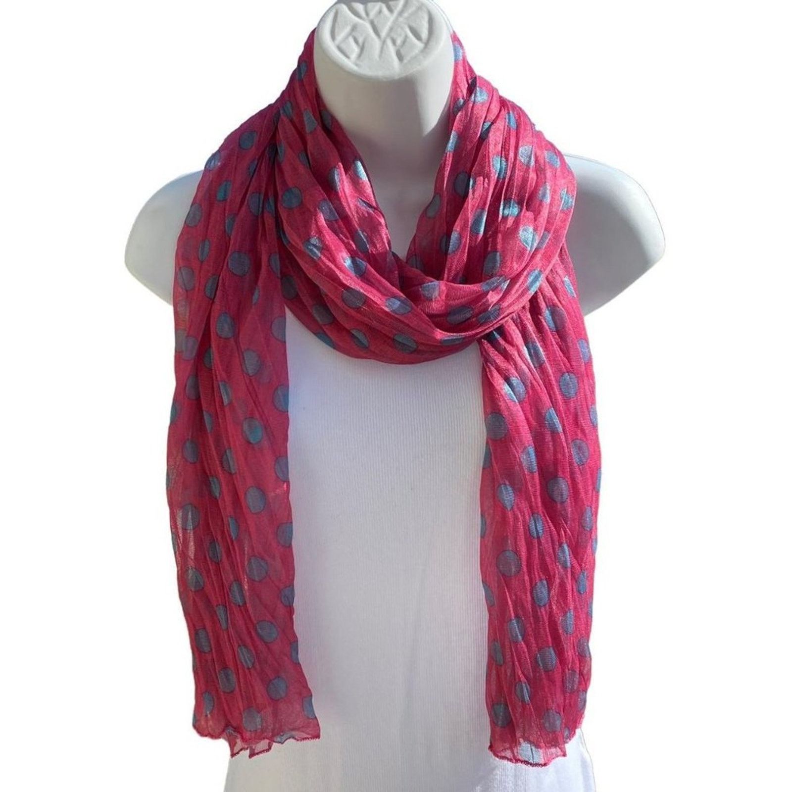 Other NEW NWT Boutique Pink with Blue Polka Dots Lightweight Scarf Size ONE SIZE - 1 Thumbnail