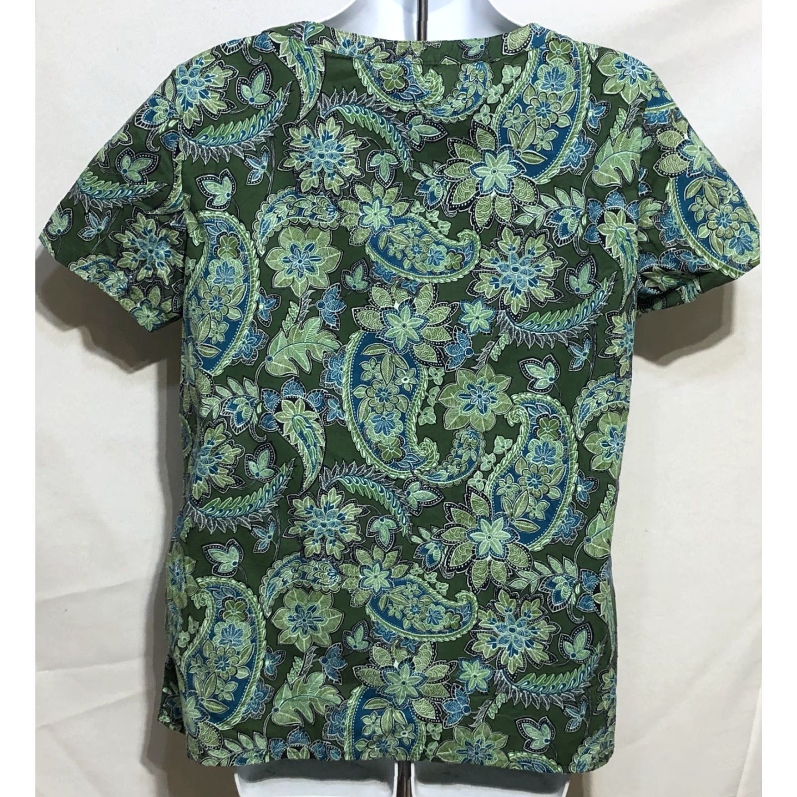 Basic Editions Basic Editions Top Shirt M Green Floral Tropical 1/2 Button Lace Trim ShortSleeve Luau Fun Womens Size M / US 6-8 / IT 42-44 - 3 Thumbnail