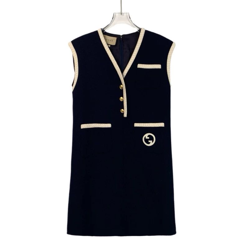 Gucci23 dark blue logo embroidered wool V-neck sleeveless d