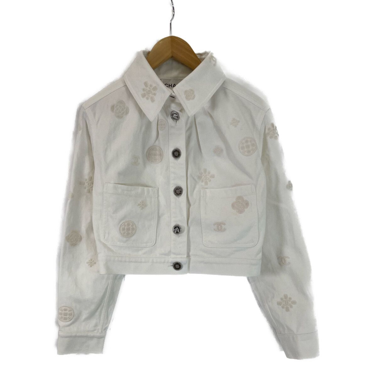 image of Chanel Coco Mark Button Embossed Denim Jacket in White, Women's (Size XS)