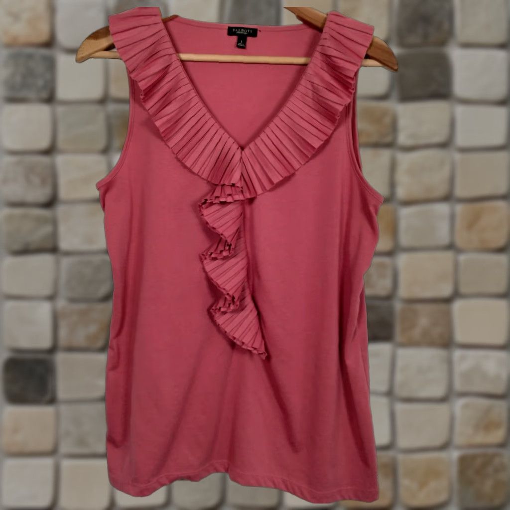 Talbots VINTAGE Talbots Tank Shirt Women L Pink Rose Pleated Trim V-Neck Beachy Feminine 90s/Barbiecore Womens Size L / US 10 / IT 46 - 1 Thumbnail