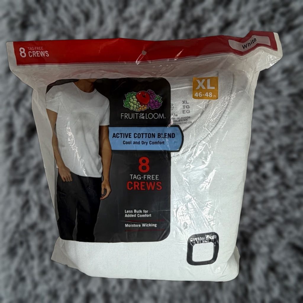 Fruit Of The Loom Men’s Tag-Free Crew Undershirt White Active Cotton Blend 8 Pack New Wicking Size US XL / EU 56 / 4 - 1 Thumbnail