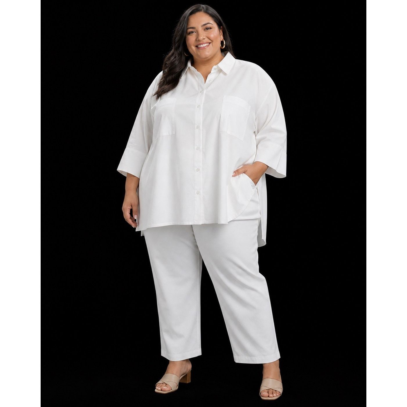 Marina Rinaldi Marina Rinaldi White Cotton Button Up Shirt & Pant Set Plus Size 3XL / US 20-22 - 1 Thumbnail