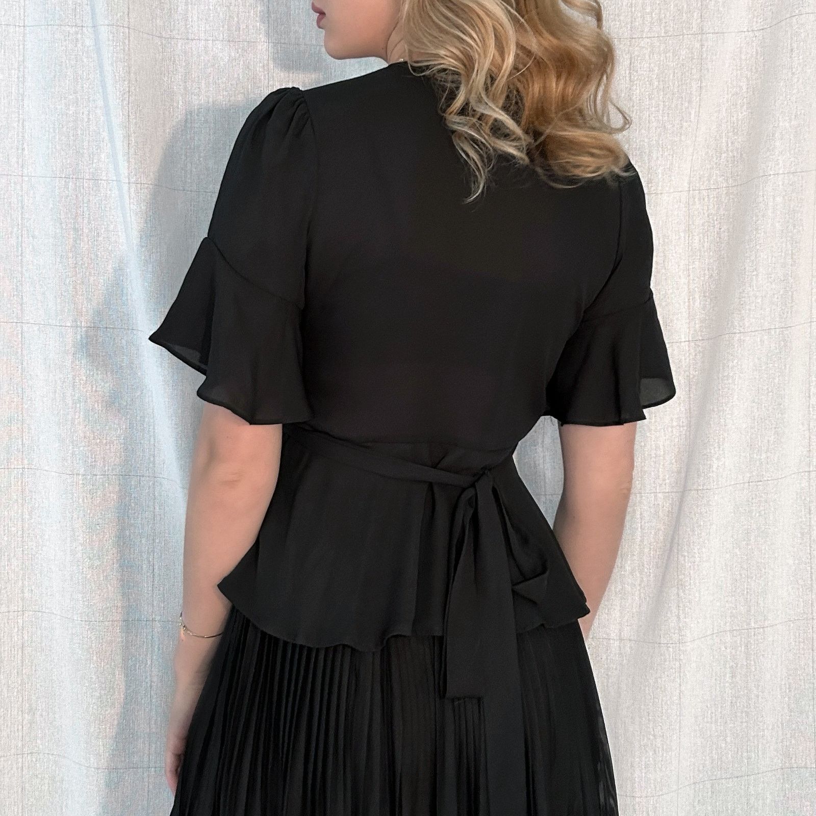 WhoWhat Black Wrap Blouse Top with Short Bell Sleeves V Neck XS Size XS / US 0-2 / IT 36-38 - 2 Thumbnail