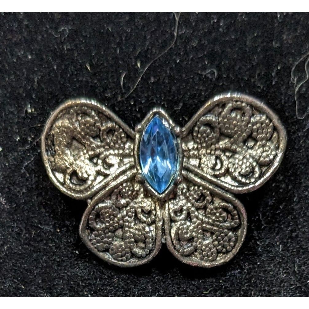 Other Vintage Floral Silver Tone Butterfly Brooch With Blue Gem Size ONE SIZE - 3 Thumbnail