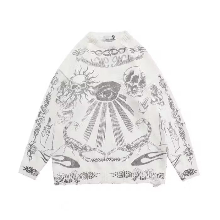 image of Vintage Skulls Knitted Sweater Pullover in White, Men's (Size Large)