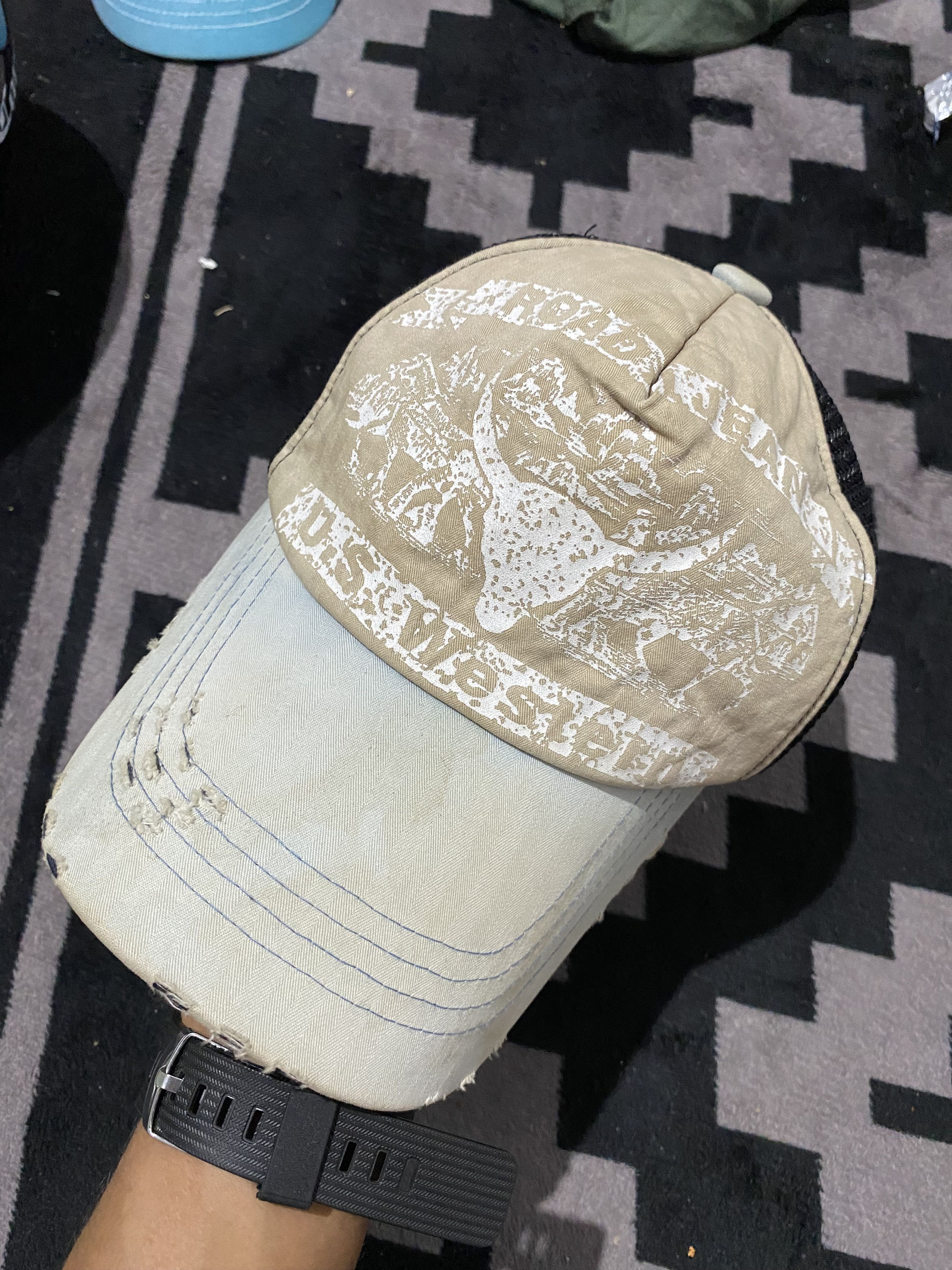 image of Hysteric Glamour x Trucker Hat Vintage Road Jeans Distressed Trucker Hats in Black/Brown, Men's