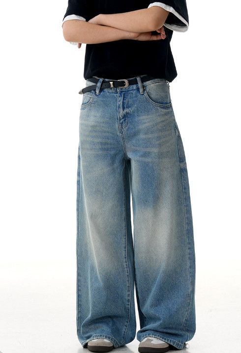 Vintage Washed men's retro cleanfit distressed casual blue jeans Size US 32 / EU 48 - 3 Thumbnail